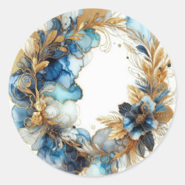 Abstract Floral Gold Blue Wreath Watercolor Chic Ronde Sticker