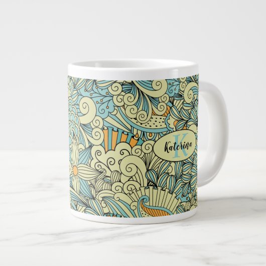 Abstract Floral Monogrammed Grote Koffiekop (Voorkant rechts)