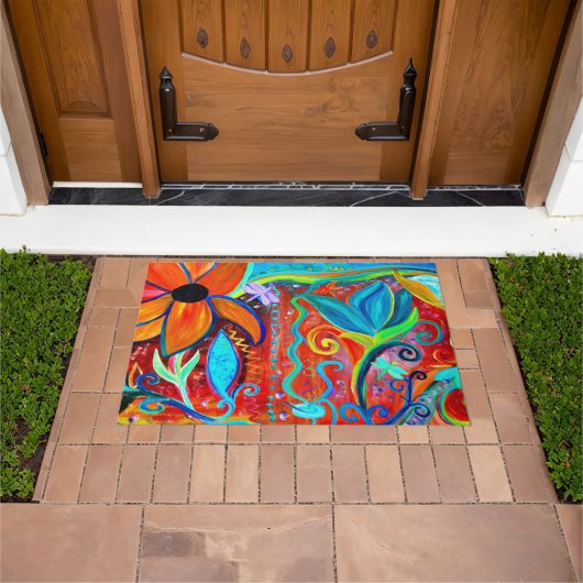 Abstract floral orange, blue intuitive art deurmat (Buiten)
