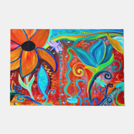 Abstract floral orange, blue intuitive art deurmat