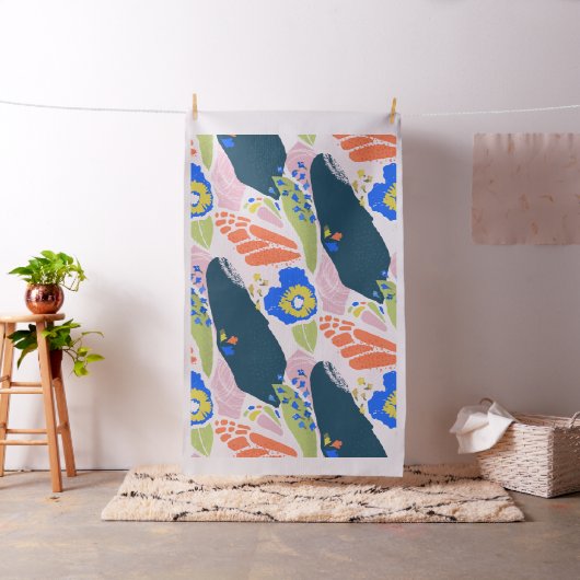 Abstract Floral Pattern Blue Green Oranje Stof (Voorbeeld)