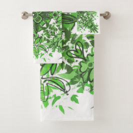 Abstract Floral Pattern In Black & Green On White Bad Handdoek