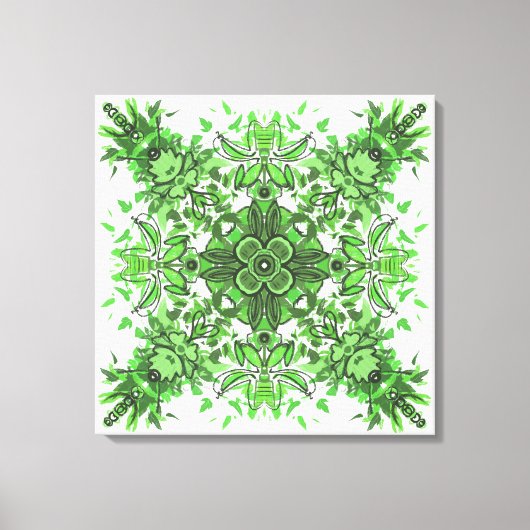 Abstract Floral Pattern In Black & Green On White Canvas Afdruk (Voorkant)