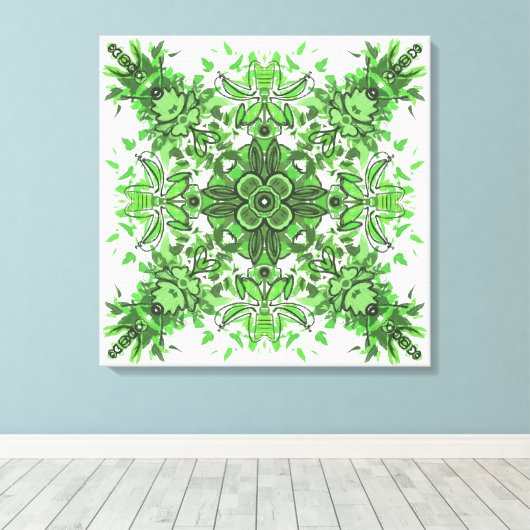 Abstract Floral Pattern In Black & Green On White Canvas Afdruk (Insitu (Houten vloer))