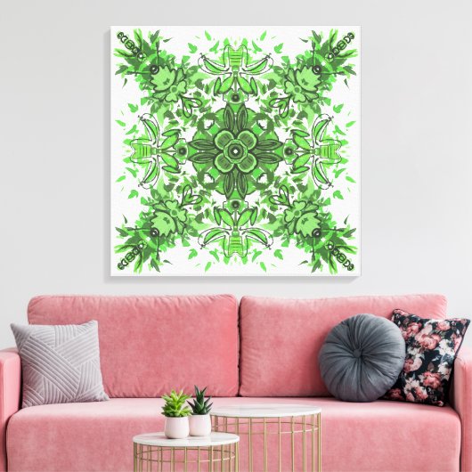 Abstract Floral Pattern In Black & Green On White Canvas Afdruk (Insitu (Woonkamer))