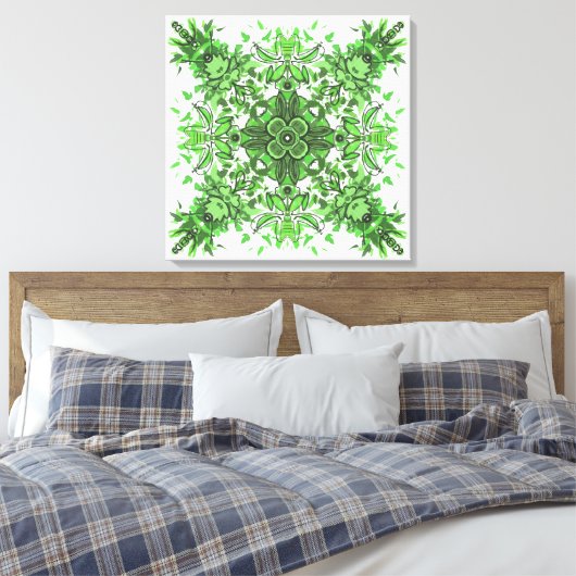 Abstract Floral Pattern In Black & Green On White Canvas Afdruk (Insitu (Slaapkamer))