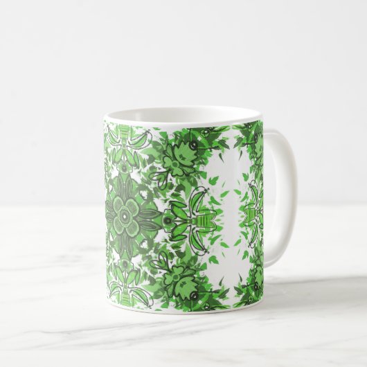 Abstract Floral Pattern In Black Green On White Koffiemok (Voorkant rechts)