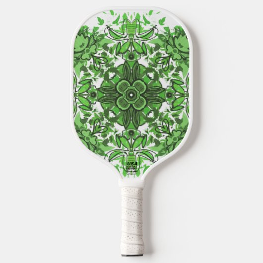 Abstract Floral Pattern In Black & Green On White Pickleball Paddle (Voorkant)