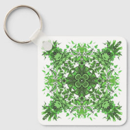 Abstract Floral Pattern In Black & Green On White Sleutelhanger