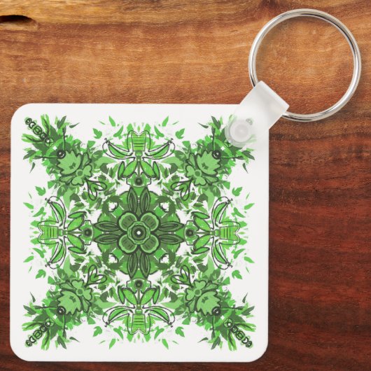 Abstract Floral Pattern In Black & Green On White Sleutelhanger (Achterkant)