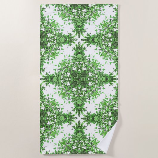 Abstract Floral Pattern In Black & Green On White Strandlaken (Voorkant)
