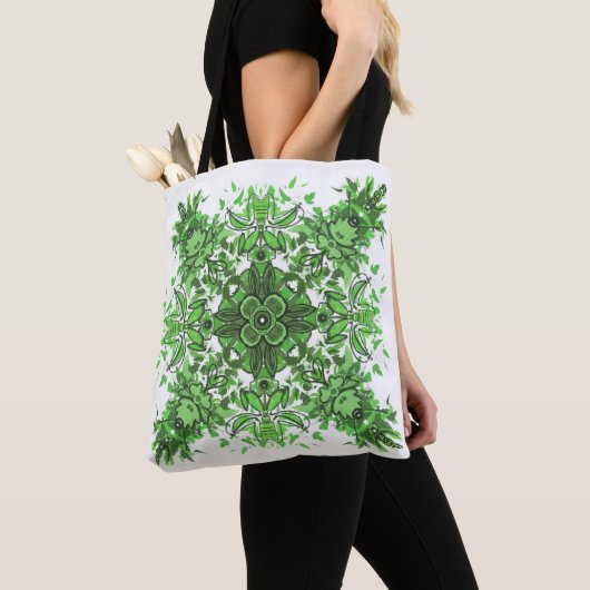 Abstract Floral Pattern In Black & Green On White Tote Bag (Dichtbij)