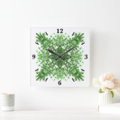 Abstract Floral Pattern In Black & Green On White Vierkante Klok (Huis)