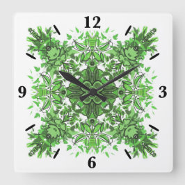 Abstract Floral Pattern In Black & Green On White Vierkante Klok