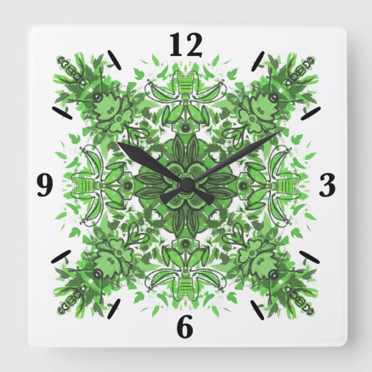 Abstract Floral Pattern In Black & Green On White Vierkante Klok (Voorkant)