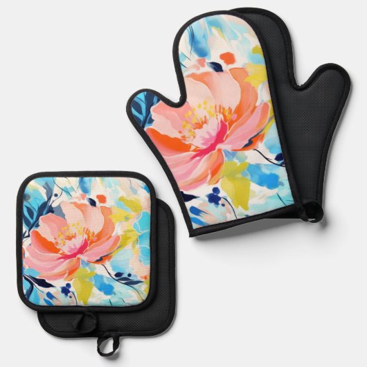 Abstract floral pattern painting ovenwant & pannenlap set (Voorkant / Achterkant)