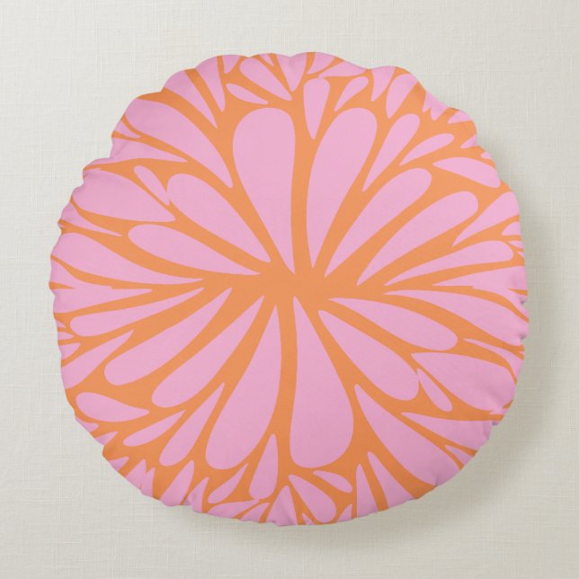 Abstract floreel barstpatroon pastel oranje & roze rond kussen (Voorkant)