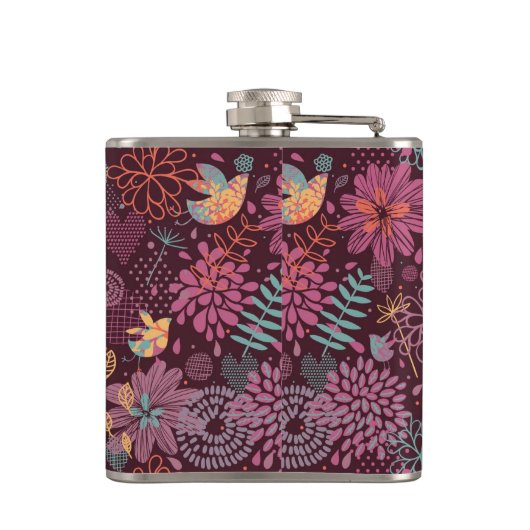 Abstract floreel patroon met vogels heupfles (Achterkant)