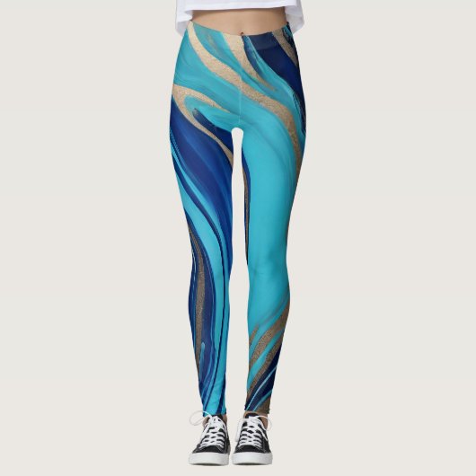 Abstract-Flow Art-Blue en Gold- Leggings (Voorkant)