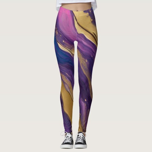 Abstract-Flow Art-Blue Paarse Roze en Goud- Leggings (Voorkant)