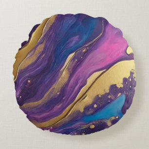 Abstract-Flow Art-Blue Roze Paarse en Gold- Rond Kussen