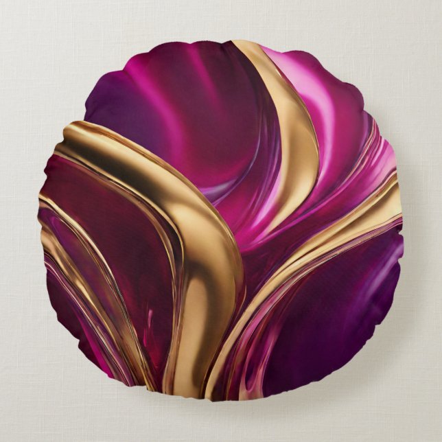 Abstract-Flow Art-Fuchsia Paarse en Gold- Rond Kussen (Voorkant)