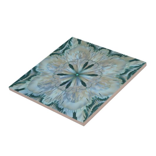 Abstract Flower Fractal Blauwgroen Wit Blauw Grijs Tegeltje (Zijkant)