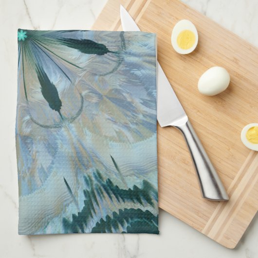 Abstract Flower Fractal Blauwgroen Wit Blauw Grijs Theedoek (Quarter Fold)