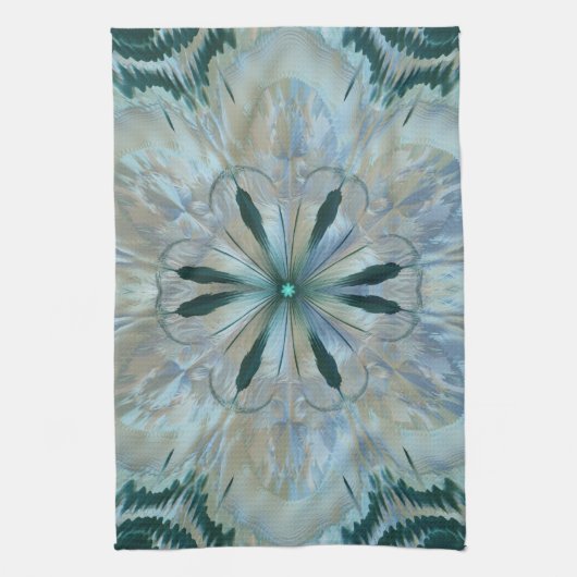 Abstract Flower Fractal Blauwgroen Wit Blauw Grijs Theedoek (Verticaal)