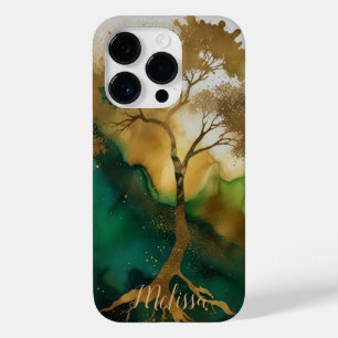 Abstract Fluid green Gold tree Personaliseer naam  Case-Mate iPhone 14 Pro Hoesje