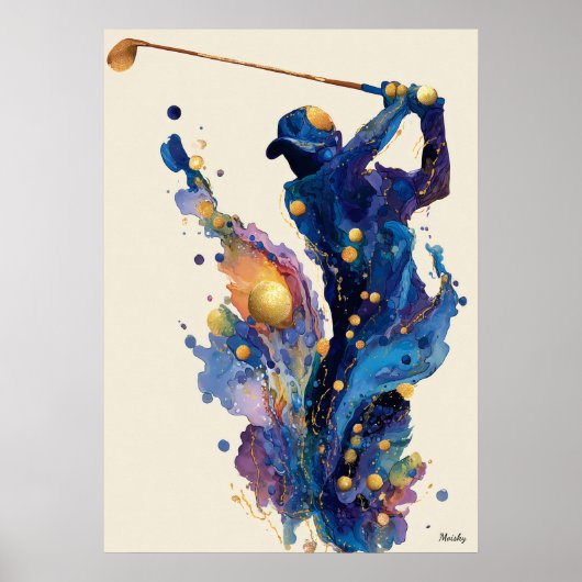 Abstract Fluid Ink Golfer Dynamic Motion Wall Art Poster (Voorkant)