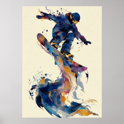 Abstract Fluid Ink Snowboarder Dynamic Motion Art Poster (Voorkant)