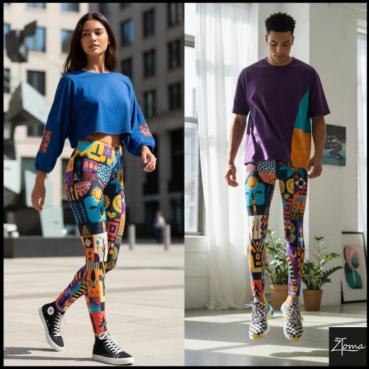 Abstract Folk Art Geometric Quilt Mosaic Leggings