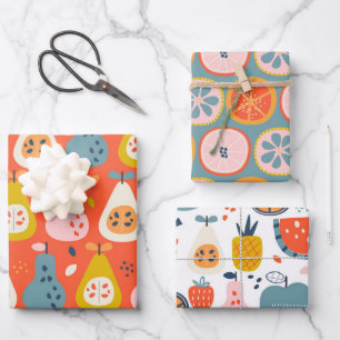 Abstract fruitpatroon afspelen in blauw en rood inpakpapier vel