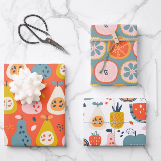 Abstract fruitpatroon afspelen in blauw en rood inpakpapier vel (Voorkant)