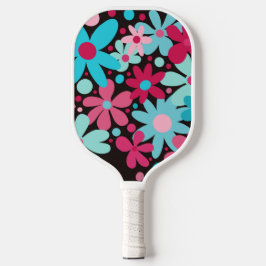 Abstract, funky roze & blauw bloemetjes pickleball paddle