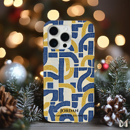 Abstract Gebogen Doolhof – Blauwe en Gouden Elegan iPhone 15 Pro Max Hoesje