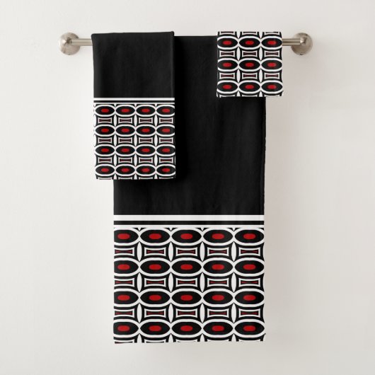 Abstract gebold zwart-rood geometrisch patroon bad handdoek (Insitu)