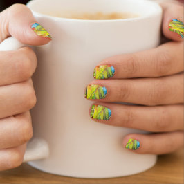 Abstract geel blauw bladpatroon minx nail art