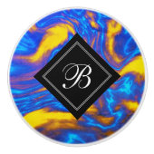 Abstract Geel Blauw Paars Vloeibaar Marmer Keramische Knop (Voorkant)