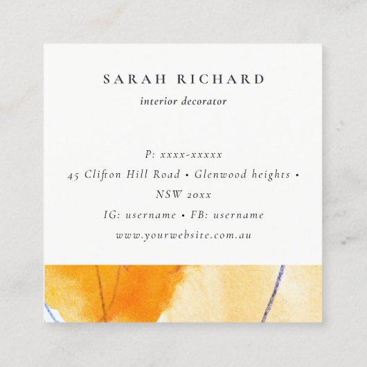 Abstract geel blauw Waterverf kunst Dank u Vierkante Visitekaartje (Achterkant)