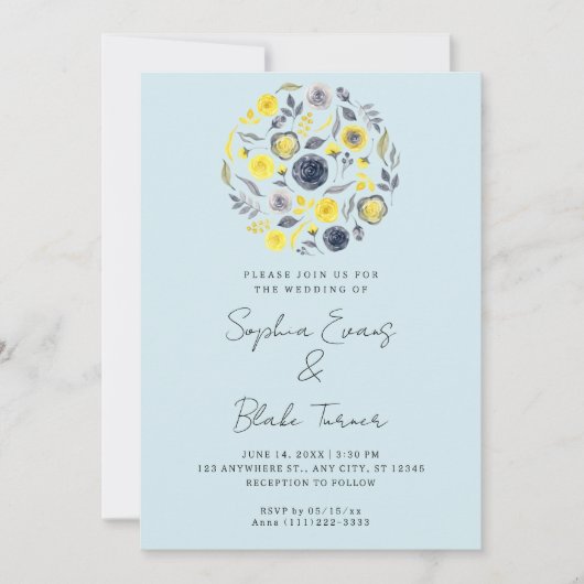 Abstract Geel en Blauw Bouquet Blue Wedding Kaart (Voorkant)