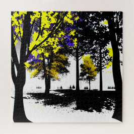 Abstract geel en blauw silhouet bos legpuzzel