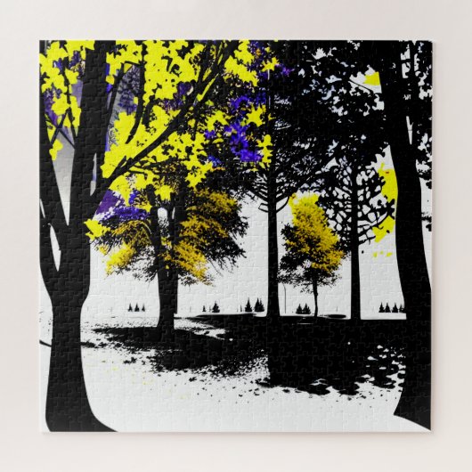 Abstract geel en blauw silhouet bos legpuzzel (Horizontaal)