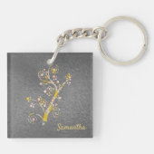  Abstract Geel en Grijze Cherry Blossom Sleutelhanger (Achterkant)