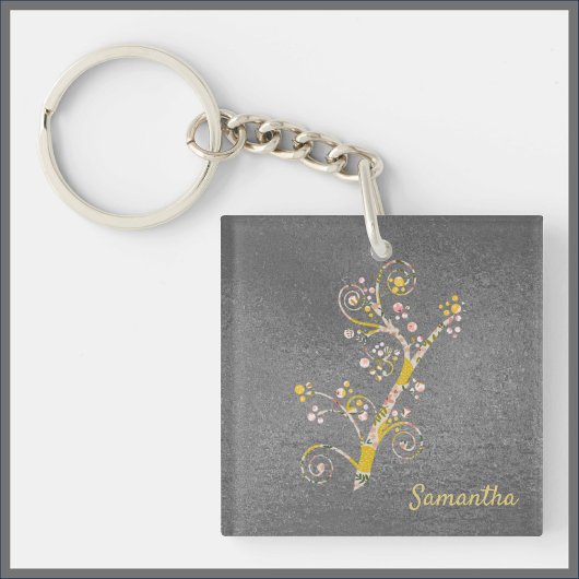 Abstract Geel en Grijze Cherry Blossom Sleutelhanger