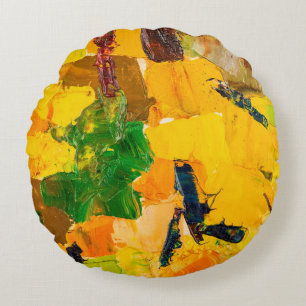 Abstract geel oliesschilderij op canvas. rond kussen