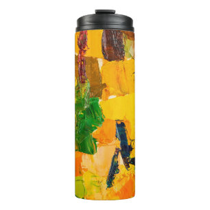 Abstract geel oliesschilderij op canvas. thermosbeker