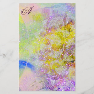ABSTRACT GEEL PAARSE FLORAAL ZWIRLS MONOGRAM BRIEFPAPIER