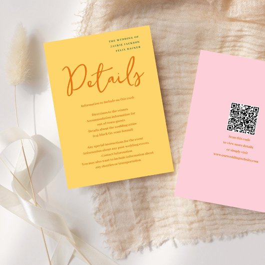 Abstract geel & roze leuke kleuren bruiloft informatiekaartje